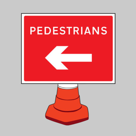 Pedestrians arrow left reflective cone sign 600x450mm (cone not included)