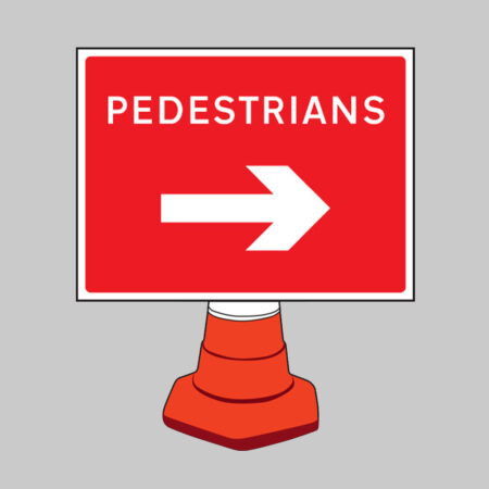 Pedestrians arrow right reflective cone sign 600x450mm (cone not included)