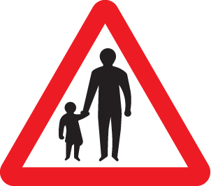 Pedestrians in road ahead class R2 600mm triangle c/w channelling