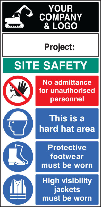 Site safety board 600x1200mm 5mm pvc c/w logo and project