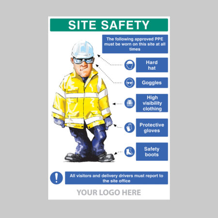 PPE requirement sign (Hat,Goggles,Hivis,Gloves,Boots) 600x900mm 5mm pvc