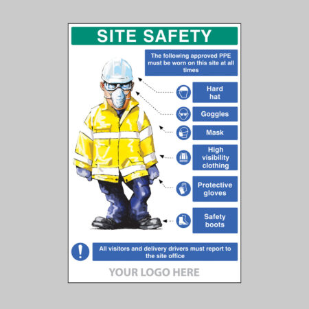 PPE requirement sign (Hat,Goggles,Mask,Hivis,Gloves,Boots) 600x900mm 5mm pvc