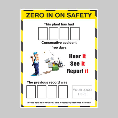Zero in on safety accident board with 2 sets of numbers c/w logo 700x900
