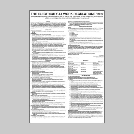 Electricity at work regulations 1989 poster 400x600mm rigid plastic