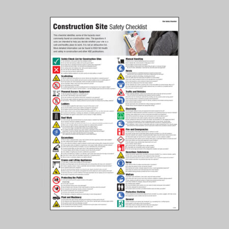 Construction site safety checklist poster 600x900mm rigid plastic