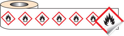 Flammable GHS self adhesive labels 50x50mm - 250 per roll