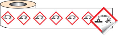 Corrosive GHS self adhesive labels 50x50mm - 250 per roll