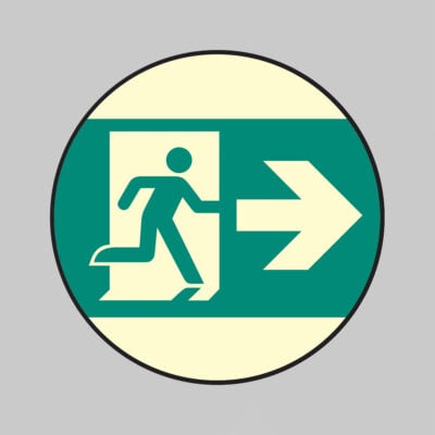 Emergency exit right photoluminescent anti-slip adhesive floor marker 80mm dia (pack of 6)