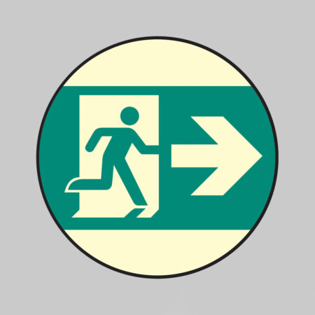 Emergency exit right Photoluminescent anti-slip adhesive floor marker 80mm dia (pack of 6)