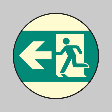 Emergency exit left on Photoluminescent anti-slip adhesive floor marker 80mm dia (pack of 6)