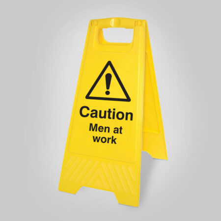 Caution men at work (free-standing yellow floor sign)
