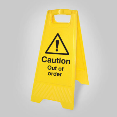 Caution out of order (free-standing yellow floor sign)