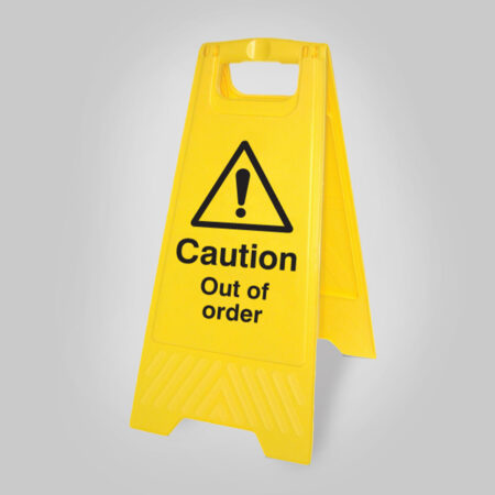Caution out of order (free-standing yellow floor sign)