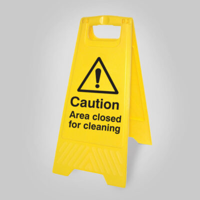 Caution area closed for cleaning (free-standing yellow floor sign)