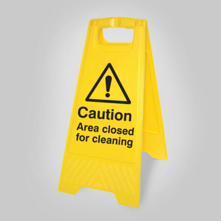 Caution area closed for cleaning (free-standing yellow floor sign)