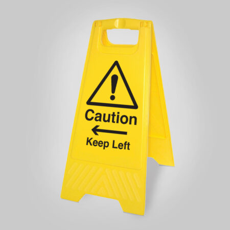Caution Keep left/right (free-standing yellow floor sign)