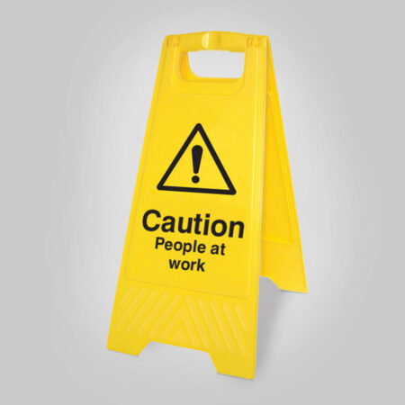 Caution people at work (free-standing yellow floor sign)