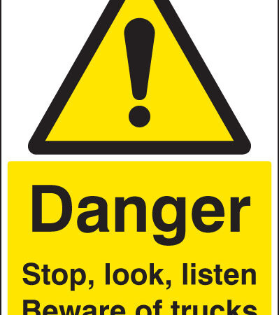Danger stop, look, listen beware of trucks floor graphic 400x600mm