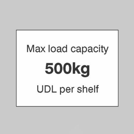 Max load capacity 500kg UDL per shelf, 100x75mm magnetic PVC