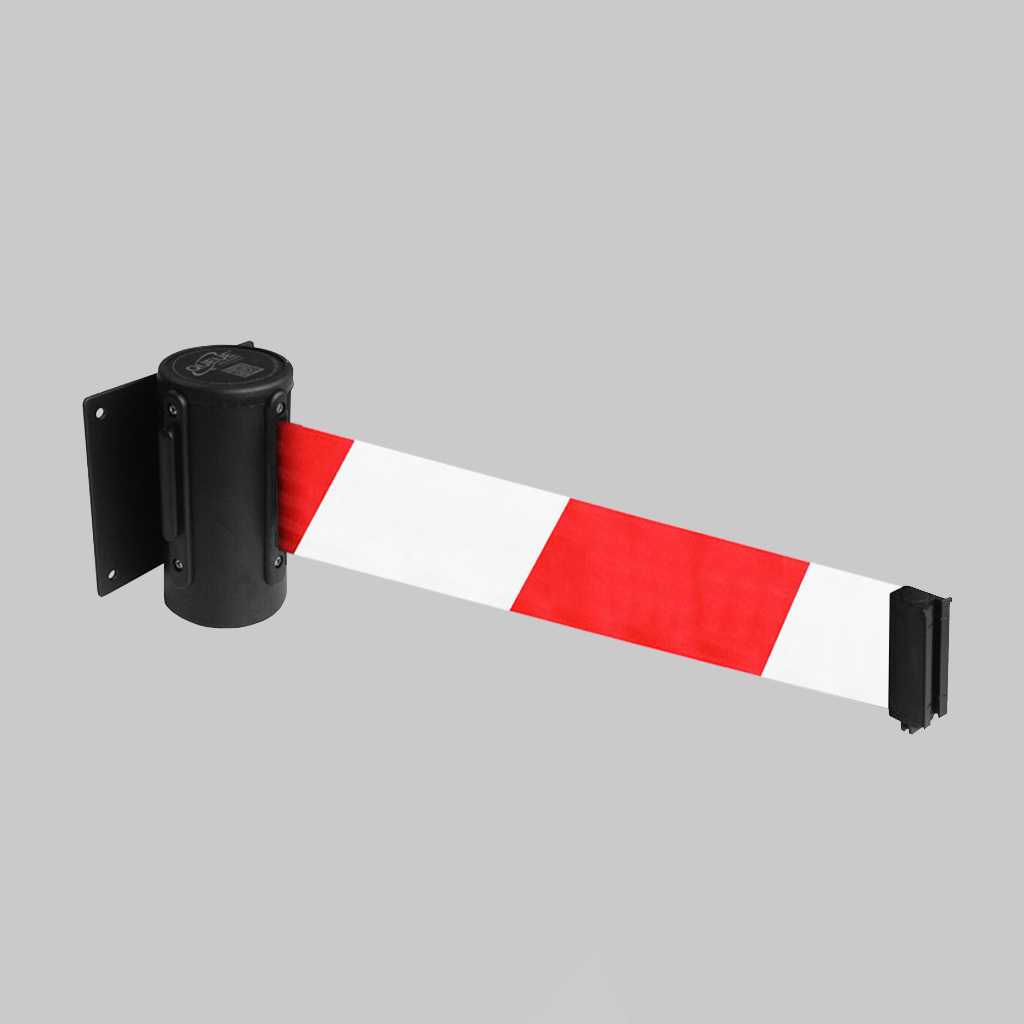Wall Mounted Retractable Barrier 3M Red/White Webbing 50Mm Wide C/W Screw In Wall Clip 1 Wall mounted retractable barrier 3m red/white webbing 50mm wide c/w screw in wall clip