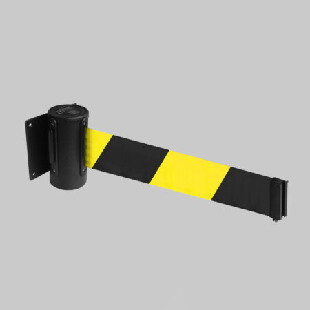 Wall mounted retractable barrier 3m black/yellow webbing 50mm wide c/w screw in wall clip