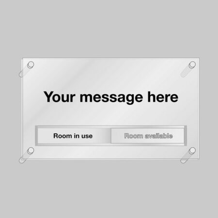 Door Slider (room in use/room available) with custom room message (specify text when ordering) 350x200mm frosted acrylic with stand-offs