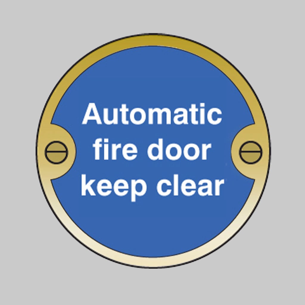 Automatic Fire Door Keep Clear 76Mm Dia Brass Pre-Drilled C/W Fixings 1 Automatic fire door keep clear 76mm dia brass pre-drilled c/w fixings