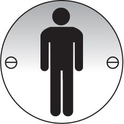 Gents symbol 76mm dia stainless steel pre-drilled c/w fixings