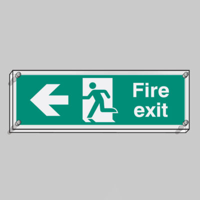 Fire exit left visual impact 5mm acrylic sign 450x150mm c/w stand off locators