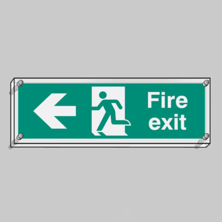 Fire exit left visual impact 5mm acrylic sign 450x150mm c/w stand off locators