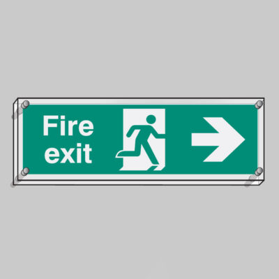 Fire exit right visual impact 5mm acrylic sign 450x150mm c/w stand off locators