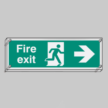 Fire exit right visual impact 5mm acrylic sign 450x150mm c/w stand off locators