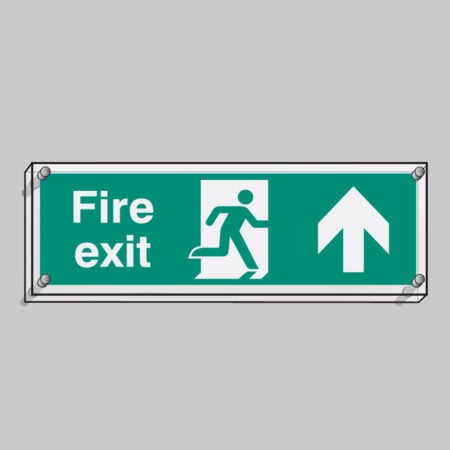 Fire exit straight on visual impact 5mm acrylic sign 450x150mm c/w stand off locators