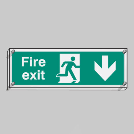 Fire exit down visual impact 5mm acrylic sign 450x150mm c/w stand off locators