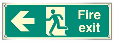 Fire exit left visual impact 5mm acrylic photoluminescent sign 450x150mm c/w stand off locators