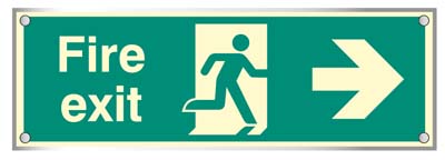 Fire exit right visual impact 5mm acrylic photoluminescent sign 450x150mm c/w stand off locators