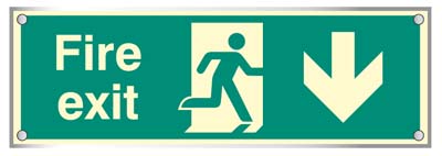 Fire exit down visual impact 5mm photoluminescent acrylic sign 450x150mm c/w stand off locators