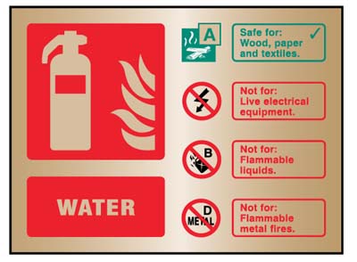 Water extinguisher ID brass 200x150mm adhesive backed