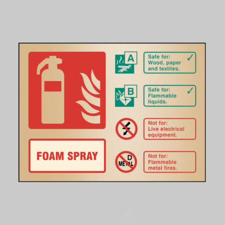 Foam spray extinguisher ID brass 200x150mm adhesive backed
