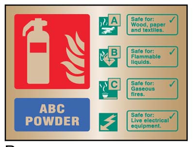 ABC powder extinguisher ID brass 200x150mm adhesive backed