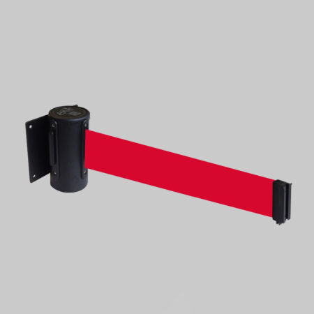 Wall mounted retractable barrier 4.6m red webbing 50mm wide c/w screw in wall clip