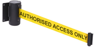Wall mounted retractable barrier 3m 50mm wide c/w screw in wall clip AUTHORISED ACCESS ONLY