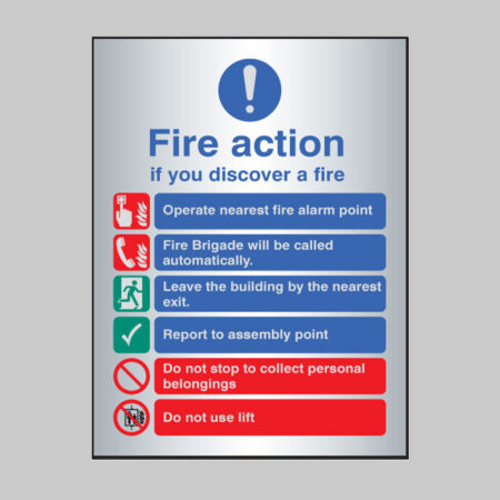 Fire action auto dial with lift deluxe range aluminium adhesive backed 150x200mm