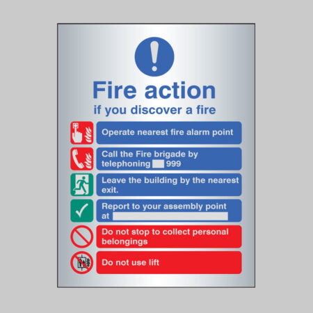 Fire action manual dial with lift deluxe range aluminium adhesive backed 150x200mm