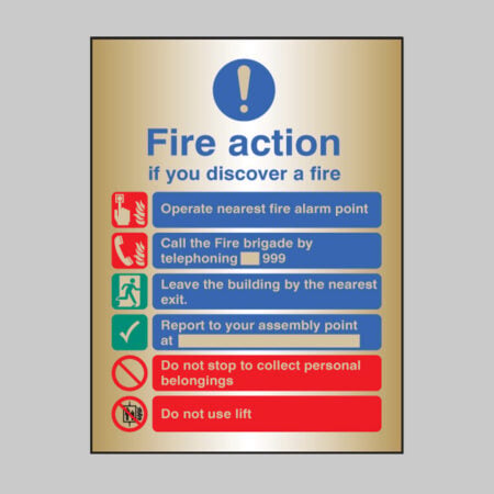 Fire action manual dial with lift deluxe range brass adhesive backed 150x200mm