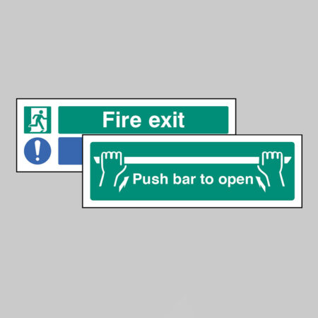 Fire exit Keep Clear/Push bar to open Double sided self adhesive window sticker 300x100mm