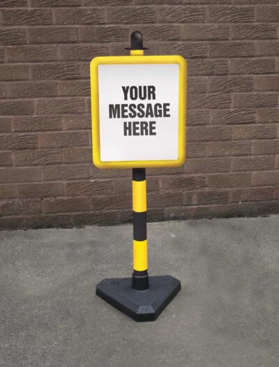 Bespoke sign in 250x300mm yellow frame on post c/w base