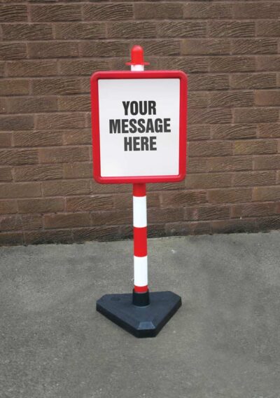 Bespoke sign in 250x300mm red frame on post c/w base