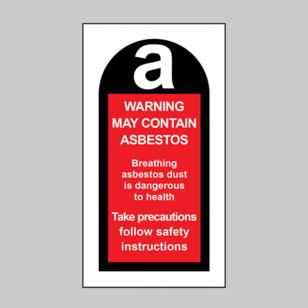 Warning May contain asbestos etc... roll of 100 self adhesive vinyl labels 27x50mm