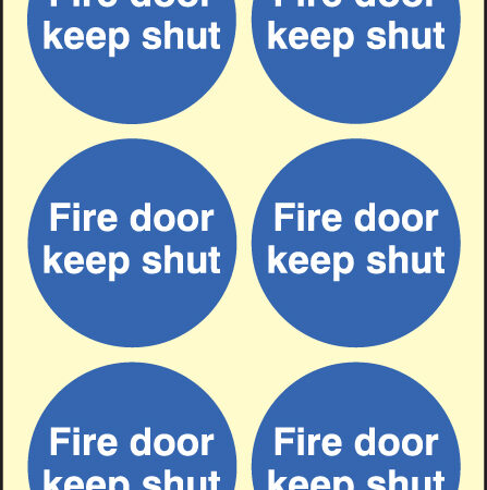 Fire door keep shut 80x80mm - sheet of 6 photoluminescent self adhesive